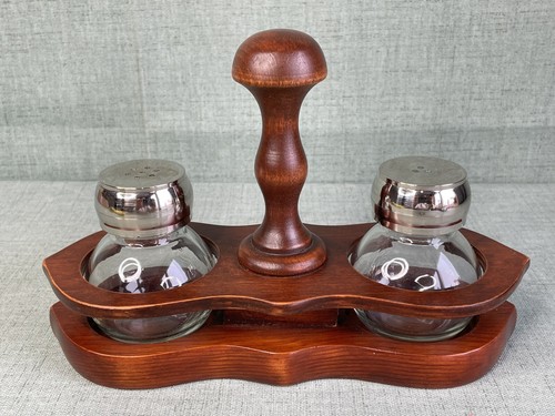 Salt & Pepper Shaker Set with a Wooden Holder Bulb Shakers 9" Long - FLAW