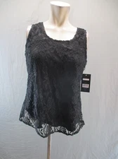 NWT ASHLEY BLUE Size PM Womens BLK Lace Sleeveless Double Layer Stretch Top 405