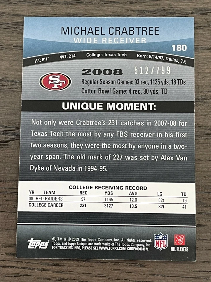 2009 Topps Unique Red Michael Crabtree Rookie #180 San Francisco 49ets /799 - Image 2 of 2