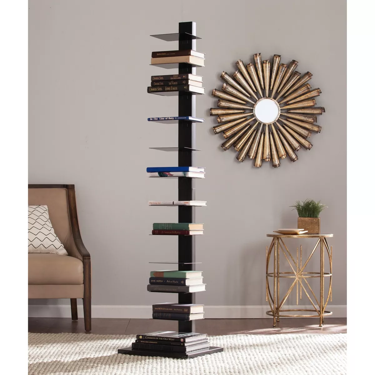 Black Spine Tower 12 Shelf Bookcase Tall Stack Storage Narrow