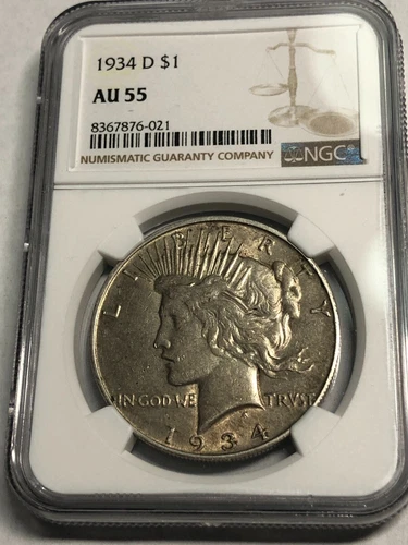 1934-D silver U.S. PEACE DOLLAR, choice AU-UNC. NGC AU55. #ak021