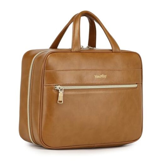 Yeiotsy Vegan Leather Hanging Travel Toiletry Bag for Men and Women Large Brown