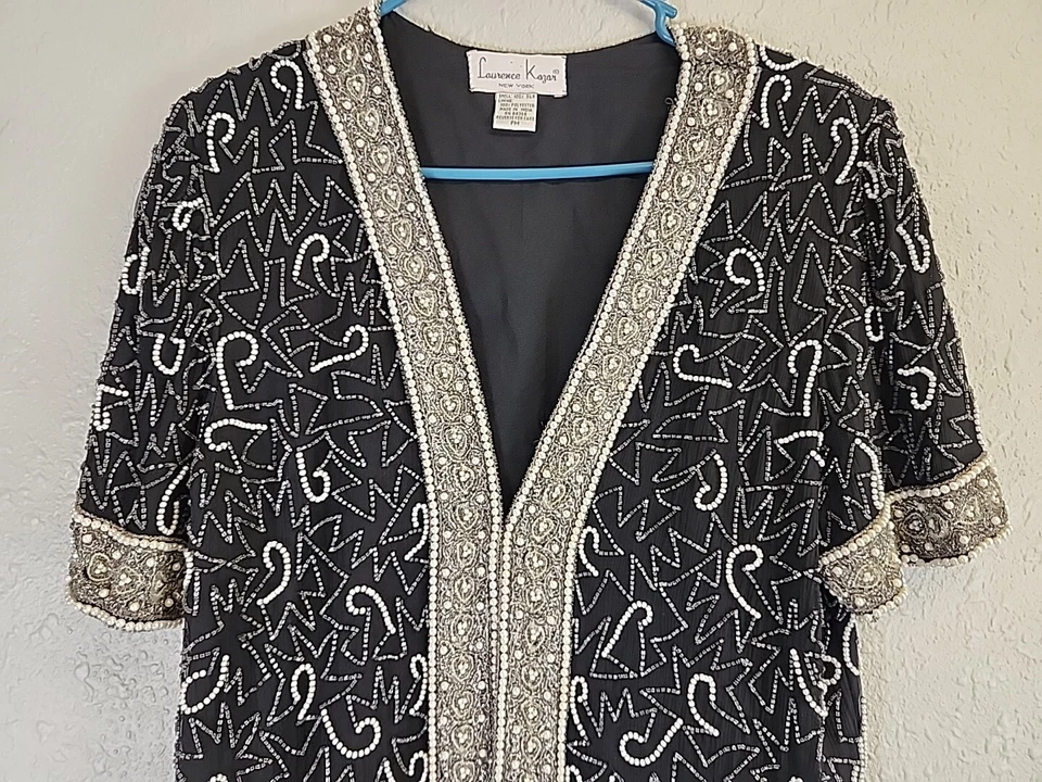 Chaqueta de noche de colección Laurence Kazar negra/blanca con cuentas talla PM Foto 2 de 4