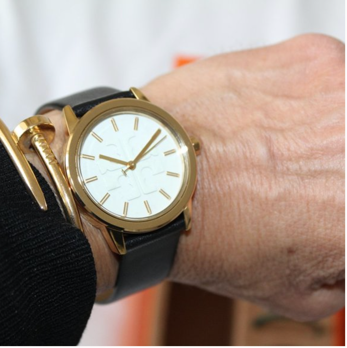 NIB TORY BURCH GIGI GOLD CASE BLACK LEATHER WATCH TOP RINGS GIFT