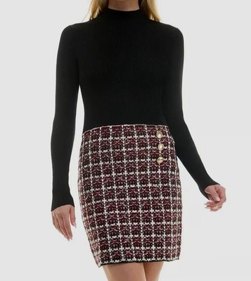 BCX Women's Black Combo Tweed-Skirt Long-Sleeve Dress Juniors Size Medium