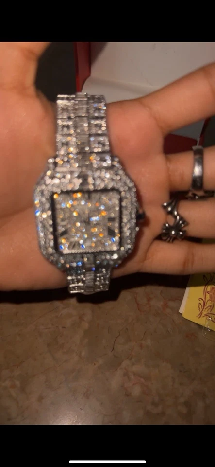 真不锈钢男士手表冰冷模拟钻石嘻哈半身像方形 — 第 2/2 张图片