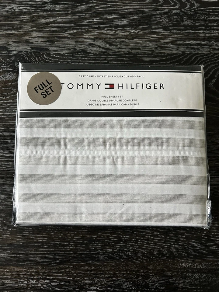 4 piece Tommy Hilfiger Cotton Blend Modern Striped White Full Sheet Set NEW - Image 4 of 4