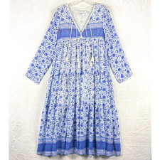 Christy Dawn Dress Womens XS/S White Blue Paloma Midi Floral Prairie Cottage USA