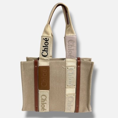 Chloe Women's Beige Woody Medium Linen Leather Logo Purse Patchwork Tote Bag