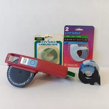 Vintage Dymo 1885 Spin Dial Embossed 3/8" Red Label Maker + 6 Blue & Green Tapes