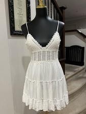 Forever 21 Babydoll Dress Crochet Top Tiered Mini White Sz M Y2K Boho Festival