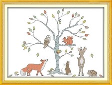 Happy Forever 11CT Stamped Cross Stitch, C416 Animals Tree, Size 16''x13''
