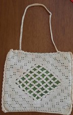 vintage cream cotton crochet purse with green sateen lining. 8 x 8 "