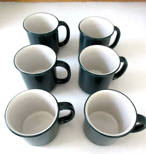 6 Vtg Crown Corning Japan Ceramic Hunter Green & White 12 Ounce Coffee Mugs
