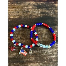USA Red, White  Blue Charm Beaded Bracelets - Patriotic 2 pc Set in Silver Tone