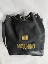 Moschino Black Nylon Drawstring Backpack Gold Logo Made in Italy Authentic