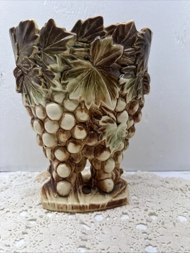 Vintage McCoy Pottery Grape Cluster Planter Vase 9.5” Majolica Style Leaves