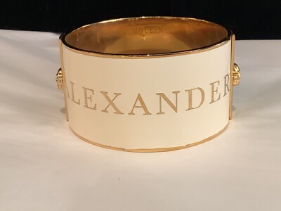 AUTHENTIC SIGN ALEXANDER McQUEEN GOLD TONE & WHITE ENAMEL SKULL