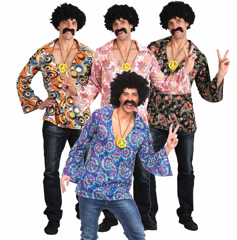 Mens HIPPIE SHIRT Hippy Groovy 70s Peace Flower Power Fancy Dress Costume  Male