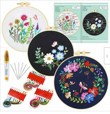 Caydo 3 Sets Embroidery Starter Kit w/ Pattern Instructions Cross Stitch Thread 