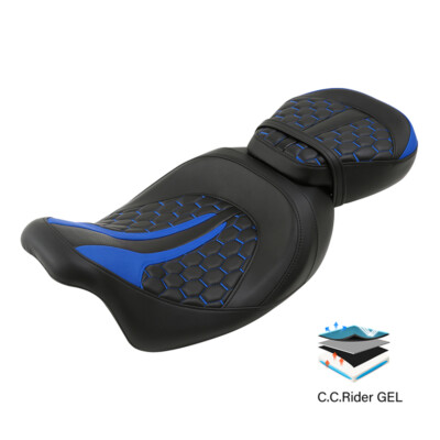 Black Blue Driver Passenger Gel 2-Up Seat Fit For Harley Electra Glide 2009-23