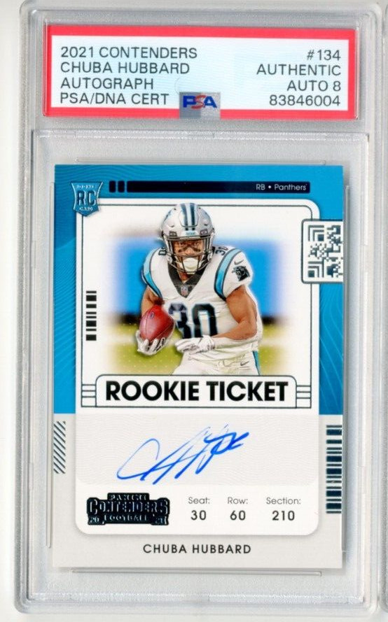 CHUBA HUBBARD RC 2021 CONTENDERS ROOKIE TICKET VARIATION   AUTO Psa 8