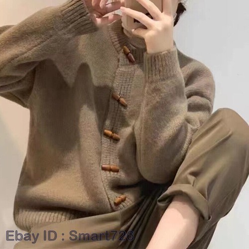 Women Casual Horn Button Knit Cardigan Loose Sweater Jacket Round Neck Top Warm - Picture 11 of 30