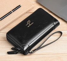 Large Men Wallet Holder Blocking double Zipper Pocket RFID Protected Black