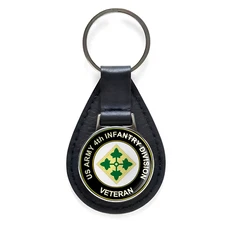 U.S. Army 4th Infantry Division Black Leather Keychain Silver Keyring