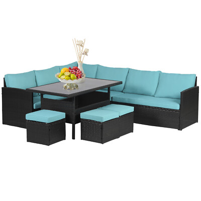 7 Pieces Patio Dining Set with Space Saving Rattan Chairs and Coffee Table