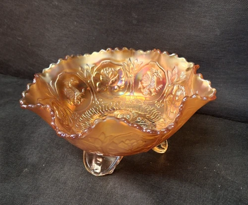 Fenton Footed Ruffle Bowl Dragon And Lotus Marigold Carnival Glass Rare Antique