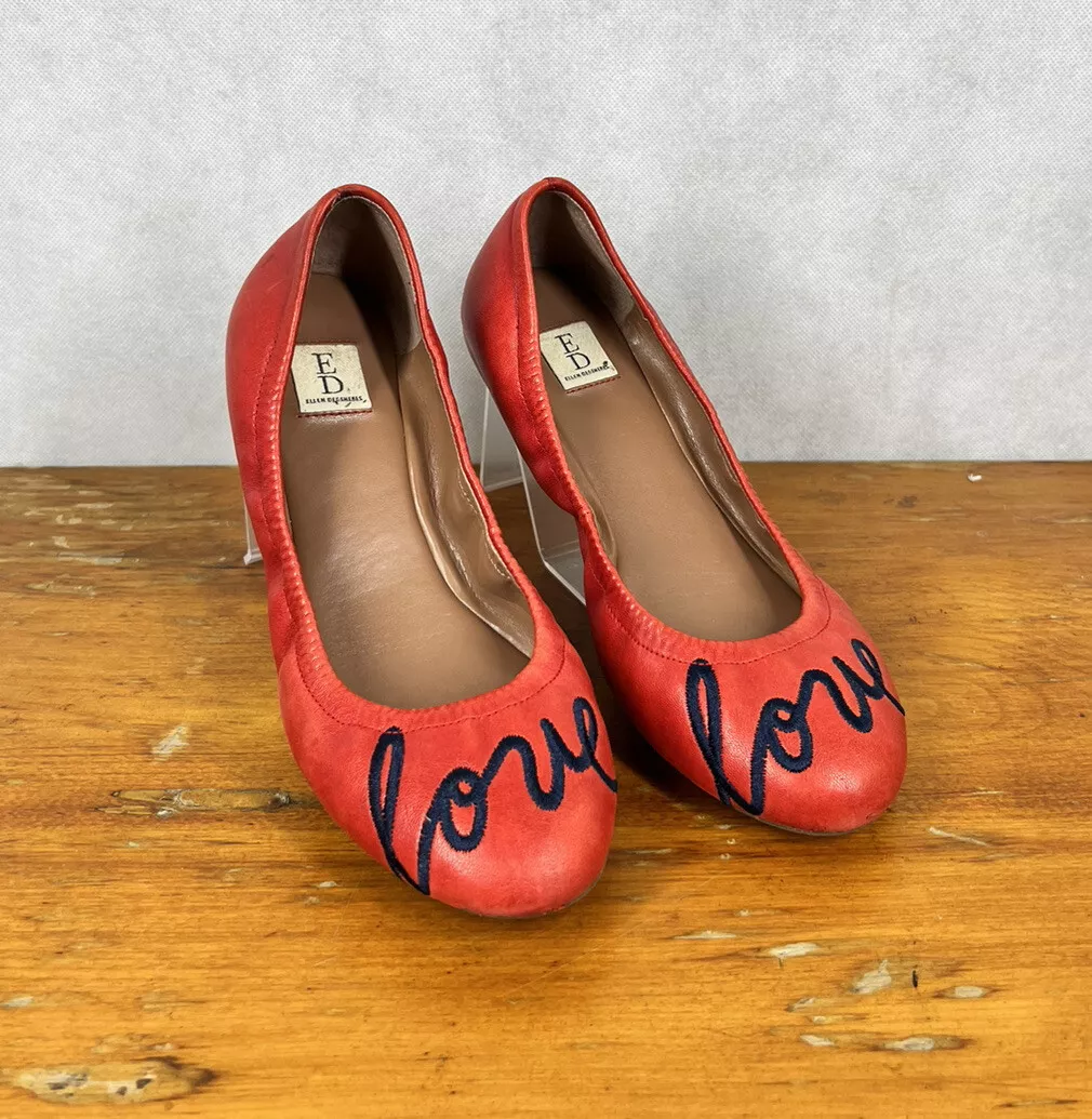 ED Ellen Degeneres Ballet Flats Red Shoes Love Embroidered No