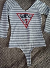 Guess Bodysuit Gray White Striped Thong Snaps Medium Tiny Small Hole Read Below