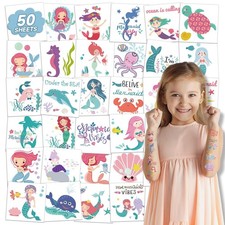 EMOME 50 Sheets Mermaid Tattoos for Kids Girls, Individually Wrapped Temporar...