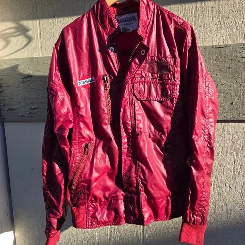 Vintage 80s Nissan Racing Jacket Mens Large Maroon Nylon Windbreaker Pit Coat video thumbnail