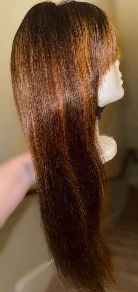 Модель вибрации, 28 дюймов, 100% человеческих волос, темно-коричневый с медовыми акцентами, прямой, парик - Изображение 3 из 4