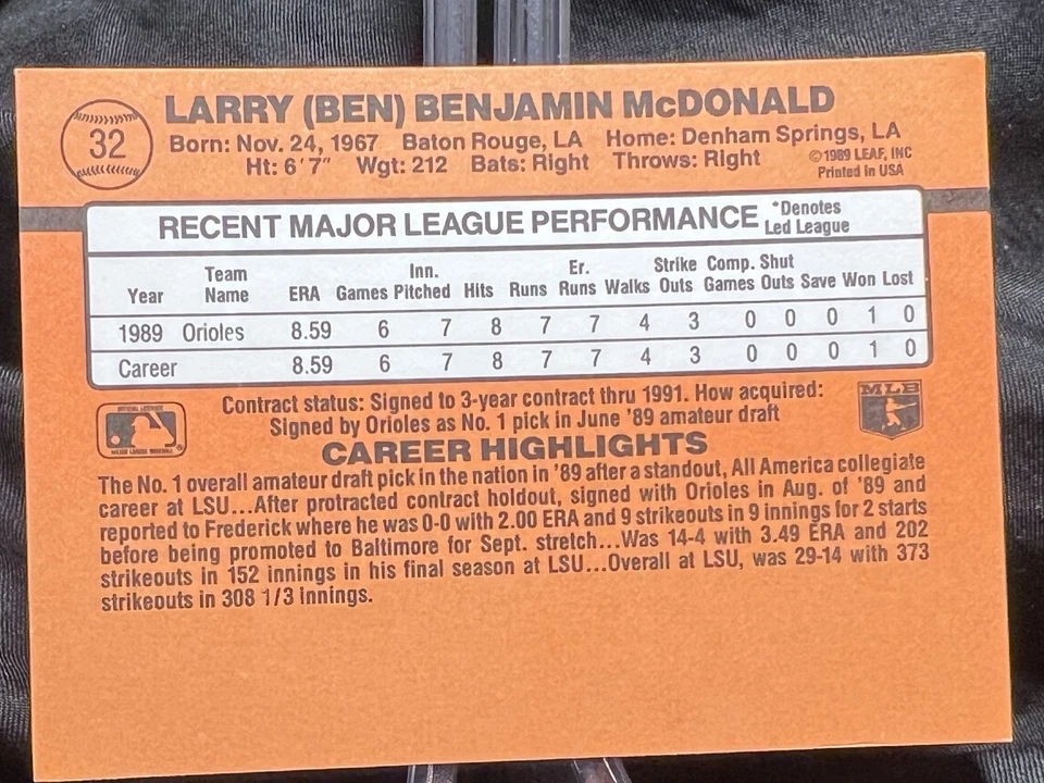 Tarjeta de novato Donruss Ben McDonald 1990 clasificación #32 doble variación error raro Foto 3 de 4