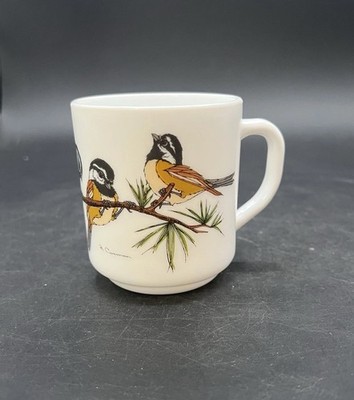 Arcopal Mug France Milk Glass Bird Finch Pattern Vintage