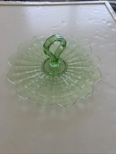 Uranium Green Depression Glass Vaseline Handled  Sandwich Tray 10.25”
