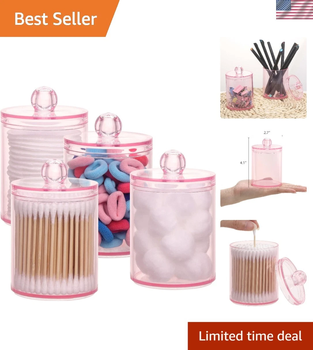 Cotton Swabs Holder Dispenser Organizer Bathroom Storage Jar Pink 4 Pack