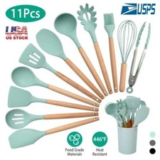 12-Pcs Kitchen Silicone Utensils Set – Heat Resistant Wooden Handle, Water Green