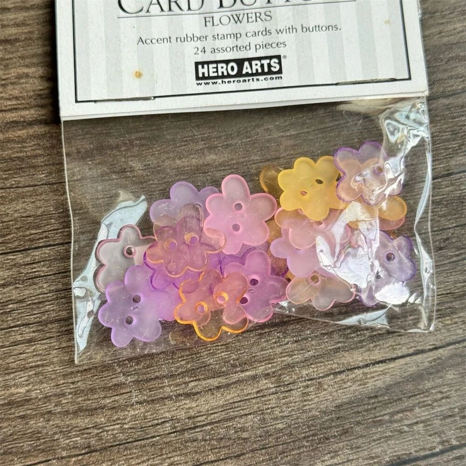 NEW Vintage Y2K 2 Hole Flower Card Buttons 24 Pc Pink Yellow Arts & Crafts - Image 3 of 4