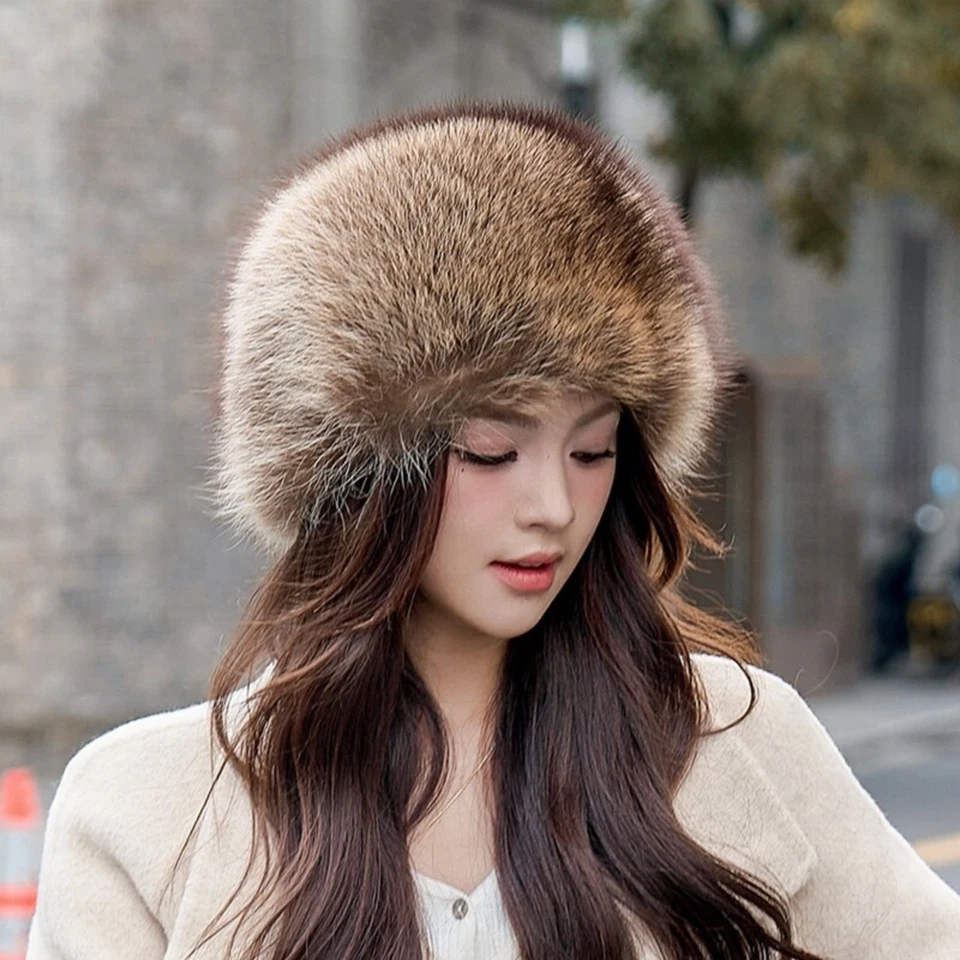 Women's Real Natural Brown Raccoon Fur Hat Round Ski Cap Elastic Beanie Earlaps - Image 2 of 4