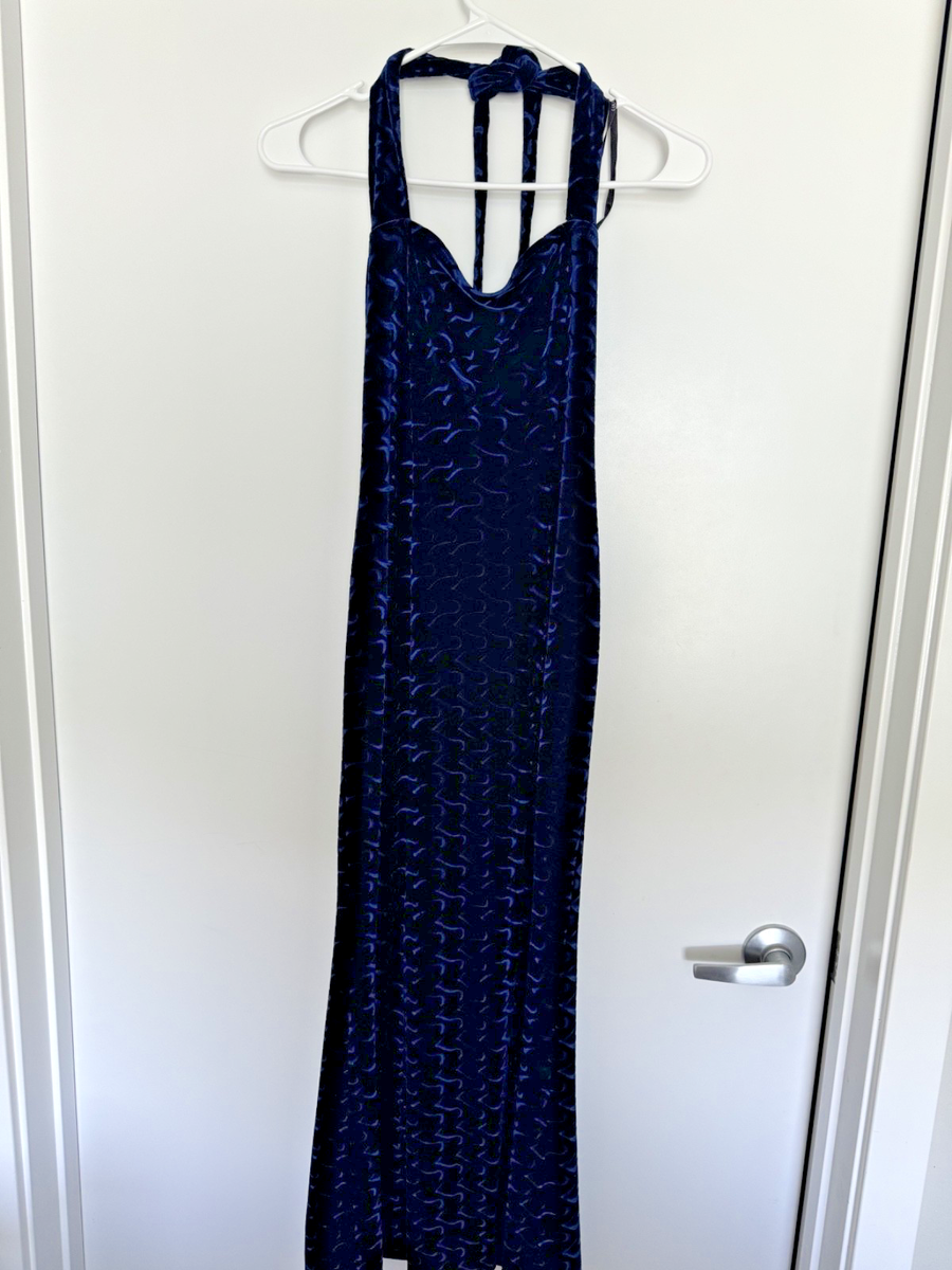 Women's Luly K Velvet Midnight Blue Patterned Bodycon Halter Dress Size  Small | eBay