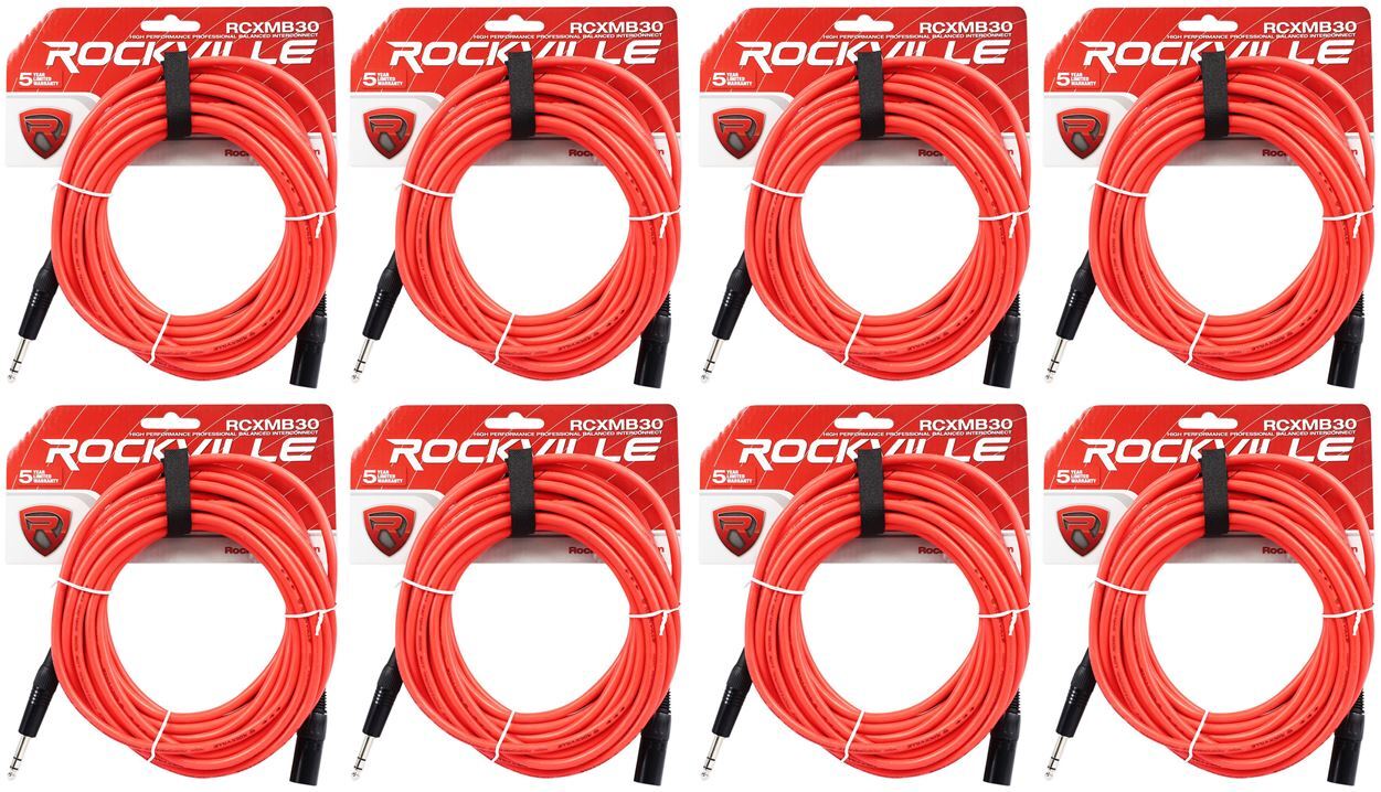 8 Балансных кабелей Rockville RCXMB30-R Red с 30 разъемами от REAN XLR до 1/4 TRS
