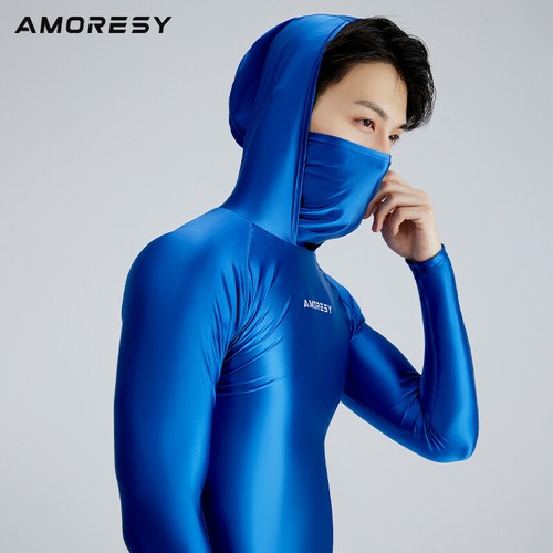 AMORESY Men's Glossy Satin Activewear Tops Long Sleeve Hooded High Neck T-shirts - Picture 8 of 21