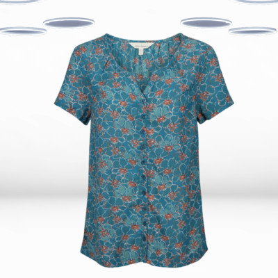 Ex Seasalt Women's Short Sleeves Floral Printed Cotton Top in Teal Green