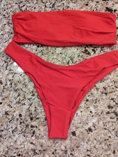 Shein Women's Swim Summer Beach Plain Bandeau Bikini Set Red size L
