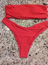 Shein Women's Swim Summer Beach Plain Bandeau Bikini Set Red size L