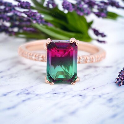 14k Rose Gold 8x6 MM Emerald Cut Natural Watermelon Tourmaline